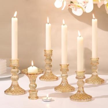 Imagem de DARJEN Castiçais de vidro dourado conjunto de 6, 10 cm H e 12,7 cm H castiçais cônicos para castiçais e velas de pilar, castiçais de diamante para mesa de festa de casamento, decoração de casa