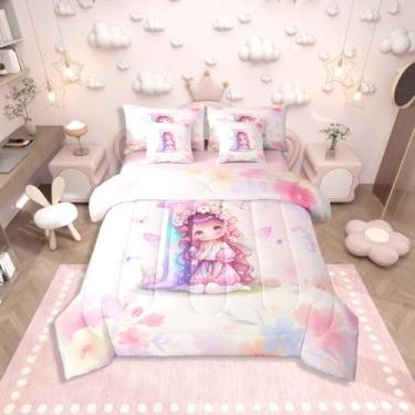 Imagem de Erosebridal Conjunto de edredom com cama de solteiro alfabeto I | Conjunto de edredom de fada rosa com lençol para decoração de quarto de crianças, adolescentes e mulheres, conjunto de cama de fada