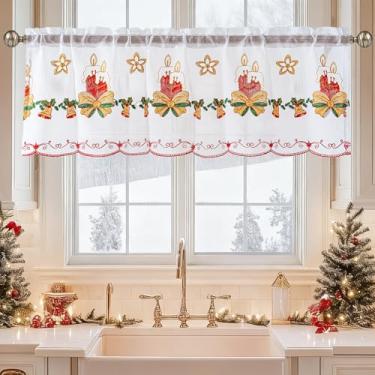 Imagem de Cortina de Natal transparente para janelas de cozinha, férias de inverno, flocos de neve dourados, bordada, cortina de janela curta, sanefas vermelhas de Natal para sala de estar, quarto, Natal, 45,7