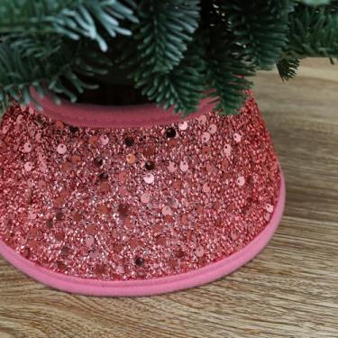 Imagem de TWSANTAMAS Coleira de árvore de Natal brilhante de 19 cm, capa de base de mini saia rústica de lantejoulas para pequenas árvores de mesa, presente de decoração de casa de férias, rosa