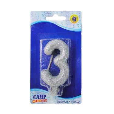 Imagem de Vela De Aniversario Numero 3 Prata Glitter 7Cm