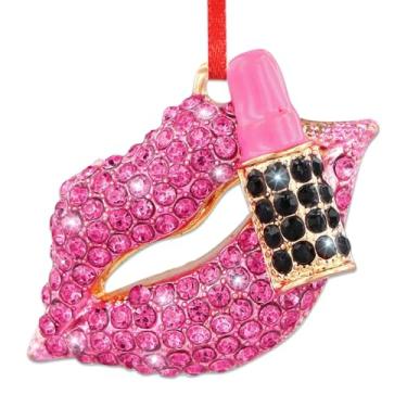 Imagem de BIZIBAFF Ornamento de Natal com lábios cor-de-rosa - enfeites de maquiagem de batom de strass de metal para decorações de árvore de Natal - Lábios sensuais brilhantes presentes de lembrança de Natal