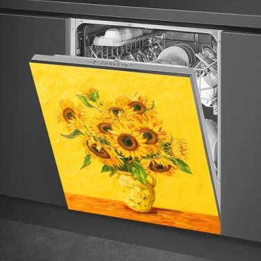 Imagem de HOMETITUTE Capa magnética para lava-louças 58 x 66 cm, textura de vaso de girassol, arte em amarelo e verde, capa de lava-louças para decoração de utensílios de cozinha, painel frontal, arte rústica