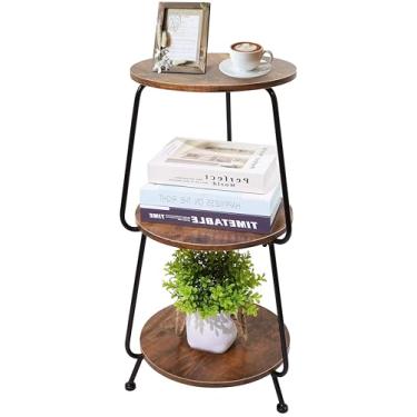 Imagem de GUPZTY Mesa lateral pequena, mesa de canto redonda de 3 camadas, mesa de cabeceira vintage industrial, mesa de centro de metal e madeira para espaços pequenos, quarto, sala de estar, marrom