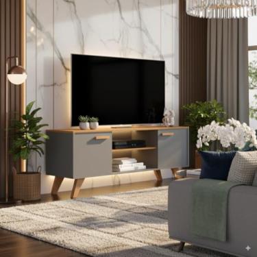 Imagem de Rack para TV até 50 Polegadas, Estante para Sala de Estar com Prateleiras, Modelo Rebeca, Design Moderno (Cinza)