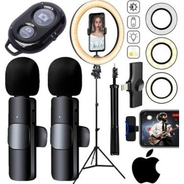Imagem de Kit Blogueiro Tripé Profissional Gravação Microfone Lapela Duplo Sem F