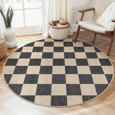 Imagem de LIVEBOX Tapete redondo quadriculado 1,2 m lavável para sala de jogos, tapete circular clássico neutro antiderrapante geométrico grande tapete macio para meninos de sala de aula dormitório quarto