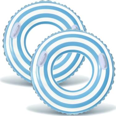 Imagem de Boias infláveis de piscina de 76 cm para adultos - pacote com 2 boias de piscina listradas azuis, tubos de piscina com alças, boia inflável para piscina, festa, lago na praia, adultos (azul, 90)