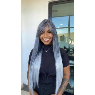 Imagem de Peruca Sintética Fibra Futura Juliana Cinza - 70 cm com Grampos e Elás