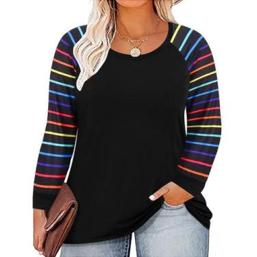 Imagem de Blusa feminina CARCOS, tamanho grande, raglan, listrada, arco-íris, 3G