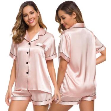Imagem de Conjunto de pijama feminino SWOMOG, seda, cetim, manga curta, rosa blu