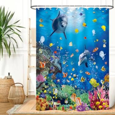 Imagem de ZXMBF Cortina de chuveiro oceano mundo subaquático golfinho peixes tropicais coloridos coral no fundo do mar recife banheiro decoração de banheira tecido impermeável 137x192 cm com gancho de plástico