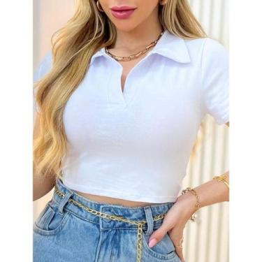 Imagem de Cropped Feminino em Ribana Gola Polo Manga Curta - Lala Closet, Off wh