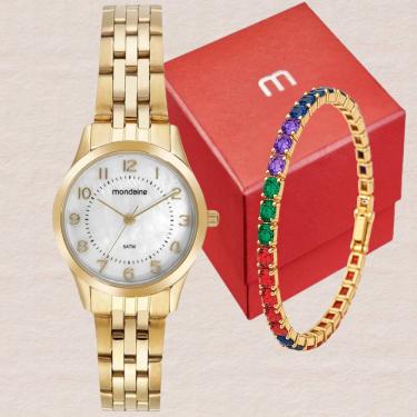 Imagem de Kit Relógio Mondaine Feminino Analógico Dourado 32796LPMKDE1K2 + Semi Joias