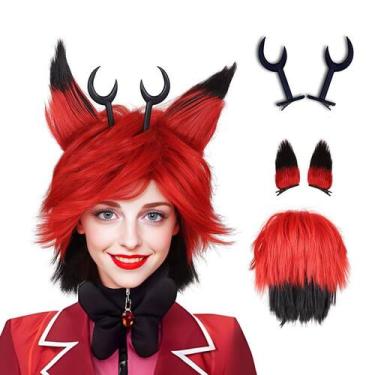 Imagem de Peruca de cosplay FantaLook curta vermelha e preta com chifres de diab