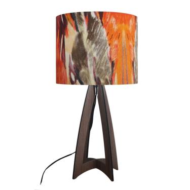 Imagem de Abajur Base Madeira Marrom E Cúpula Estampa Laranja E Marrom