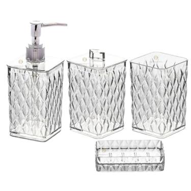 Imagem de Kit Banheiro Glamour Cristal com Peças - Porta Sabonete Líquido e Escova de Dente | Conjunto Lavabo com (KIT 4PÇS CRISTAL)