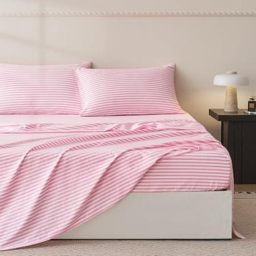 Imagem de JELLYMONI Jogo de lençol 100% algodão – listrado rosa e branco brilhante, tamanho casal, roupa de cama macia com bolso alto, lençol de cima e fronhas