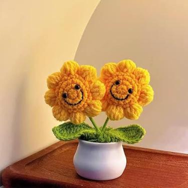 Imagem de Flor de crochê feita à mão com girassol, mini flor artificial, decoração doméstica, mesa de escritório, carro, acessórios para ambientes internos, presente de apreciação de aniversário inspirador e