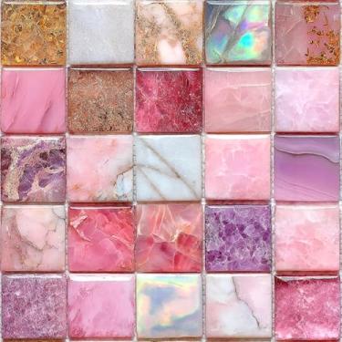 Imagem de HOMETITUTE 20 peças de adesivos de azulejo de pedra preciosa de mármore rosa descasque e cole azulejos decorativos à prova d'água adesivos removíveis para cozinha, banheiro, escada, elevador