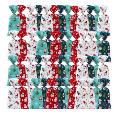 Imagem de 50 unidades de sacos de celofane de Natal 27,2 cm x 12,7 cm com laços dourados, 4 estilos de sacos de petiscos com tema de Papai Noel para biscoitos, doces, guloseimas ou lembrancinhas de festa de fim