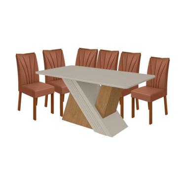 Imagem de Mesa De Jantar Venus 170 Cm Amêndoa Clean Off White Com 6 Cadeiras Apogeu Caramelo Imbuia - Lopas