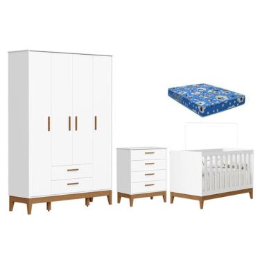 Imagem de Quarto De Bebê Flip Guarda Roupa 4 Portas Branco Acetinado Com Colchão Ortobom - Reller