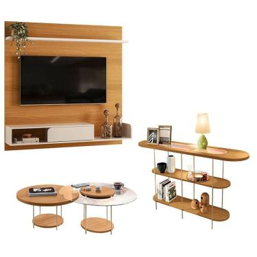 Imagem de Painel Para Tv Suspenso Evo Com Kit Mesa De Centro Sky E Aparador Infinity Cinamomo Off White - Hb Móveis