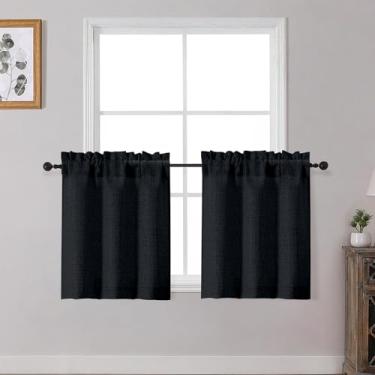 Imagem de OWENIE Cortinas pretas de cozinha sobre a pia 61 cm de comprimento, conjunto de 2 painéis, cortinas de café curtas texturizadas com filtragem de luz para janelas de banheiro, pequena cortina para