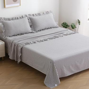 Imagem de K MASANIJI Jogo de lençol solteiro xadrez xadrez cinza e branco com 4 peças, 300 fios tingidos de linho com sensação de algodão 45,7 cm com bolso profundo para crianças (xadrez cinza/branco, solteiro
