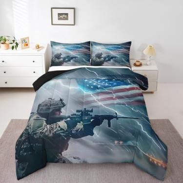 Imagem de Feelyou Conjunto de edredom Queen com bandeira americana, exército americano, exército americano, para decoração de quarto, 3 peças, 1 edredom + 2 fronhas