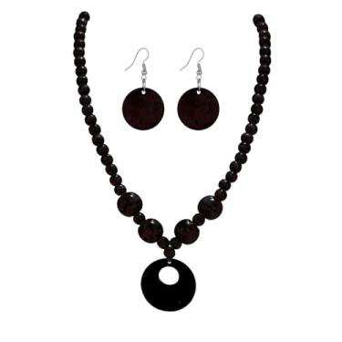 Imagem de QRH Conjunto de brincos de colar de contas de madeira boêmio vintage grosso com contas de madeira, conjunto de joias étnicas multicoloridas feitas à mão para mulheres, Madeira, Sem Pedra Preciosa