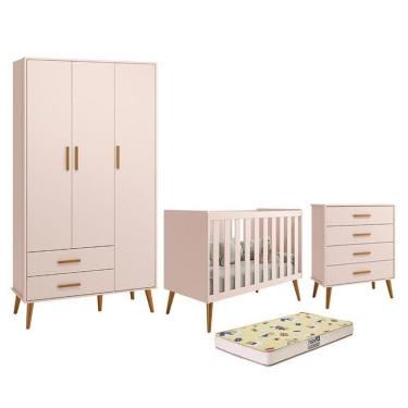 Imagem de Dormitório Infantil Isis Guarda Roupa 3 Portas Cômoda E Berço Rosa Com Colchão D18 Reller Móveis Rosa