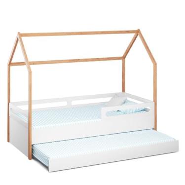 Imagem de Cama Montessoriana Casinha com Cama Auxiliar Tivoli Divicar em MDF e Madeira Maciça com Grades de Proteção e Pintura UV Atóxica (Branco/Mel)