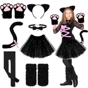Imagem de Haull 8 peças de acessórios de fantasia de gatinho de Halloween para meninas e gatos, luvas de cauda de sino e gargantilha de sino, collants e saias de panturrilha (preto e preto, M)