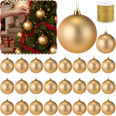 Imagem de Wettarn 24 peças de enfeite de bola de Natal dourada de 8,5 cm com tampa e corda para pendurar bolas de Natal para artesanato faça você mesmo, árvore de Natal, festa de Natal, casamento, decoração de