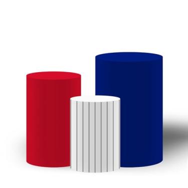 Imagem de Haploquest Capas de pedestal cilíndrico com tema de beisebol, conjunto de 3, toalha de mesa listrada de elastano azul royal vermelho branco para decoração de festa de chá de bebê, elástico lavável