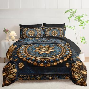 Imagem de lneffble Jogo de cama queen com 7 peças, mandala, preto e dourado, (1 edredom, 1 lençol de cima, 1 lençol com elástico, 2 fronhas e 2 fronhas)