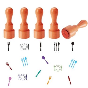 Imagem de AHANDMAKER 5 estilos de carimbos temáticos de utensílios de mesa, carimbo de elementos de cozinha, mini carimbo de ovo de madeira, carimbos de desenho exclusivos para scrapbook, agenda, decalque
