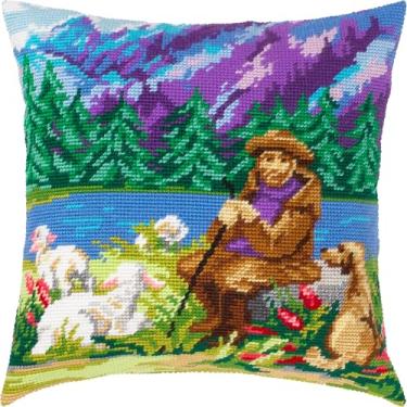 Imagem de Brvsk Kit de ponto cruz estampado pastoral para adultos e iniciantes — Blue Mountains 40.6 cm × 40.6 cm com design impresso claro e preciso em tela de algodão; inclui 2 agulhas, fios e tabela de