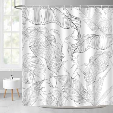 Imagem de ZXMBF Cortina de chuveiro com folhas de palmeira tropical, preto, branco, cinza, abstrata, folha de bananeira, cobre, chique, planta botânica, moderna, natureza, estética, decoração de banheiro