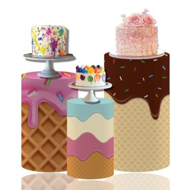 Imagem de MvoVitality Conjunto de capa de pedestal de cilindro de gotejamento de sorvete e chocolate – 3 tamanhos de decorações de festa com tema doce para aniversário, chá de bebê, tema de doces, exibição de