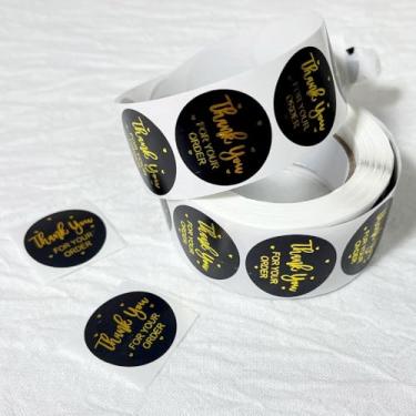 Imagem de (500 peças por rolo) 25 mm folha de ouro preto obrigado pelo seu pedido adesivos redondos, etiquetas decorativas de vedação de envelope autoadesivo