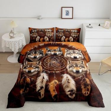 Imagem de Feelyou Conjunto de edredom solteiro com estampa de penas, indiano, hippie, marrom-escuro, para meninos e meninas, adolescentes