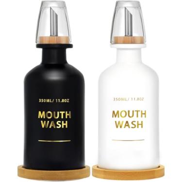 Imagem de Dispensador de enxaguante bucal para banheiro de 335 g – Frasco de enxaguante bucal de vidro com copo e bandeja de bambu, letras douradas estampadas a quente, base de silicone, acessório de banheiro