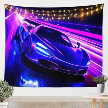 Imagem de Tapeçaria de carro esportivo, arte roxa para pendurar na parede de carro de corrida para decoração de quarto de crianças, meninos, meninas, decoração de quarto de casa, decoração de quarto de carro de