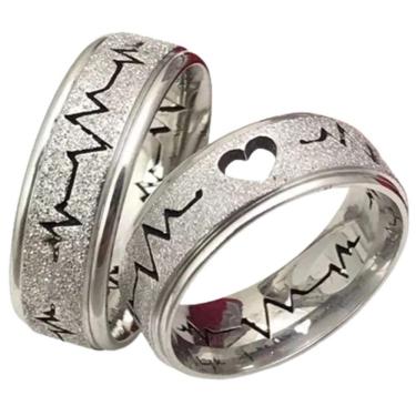 Imagem de Par Alianças Prata 8mm Aço Inox Coração Vazado Compromisso Tamanho:30-31