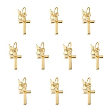 Imagem de Craftdady 10 pingentes de coração de asas de anjo cruz de latão pingente dourado de cruz, pingente de crucifixo de Páscoa de Halloween com anéis de salto de aço inoxidável para pulseira, colar