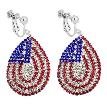 Imagem de Brincos patrióticos de 4 de julho, brincos com clipe de bandeira americana, brincos pendentes do Dia da Independência, não perfurados, joias modernas para mulheres, vermelho, branco, azul, Zinco, Sem