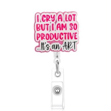 Imagem de Carretel de crachá engraçado I Cry A Lot But I Am So Productive It's an Art, lindo suporte de crachá com clipe jacaré retrátil, presentes para estudantes de enfermagem RN LPN CNA MA trabalhador médico